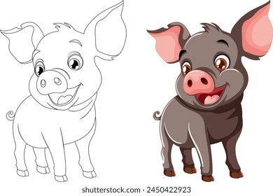 Vector illustration of a piglet, colored and line art.