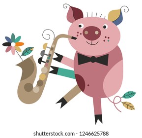 Vector illustration of a piglet and music
