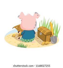 Vector illustration of a Piglet with a treasure map and with a trunk on the beach. Excellent for the design of postcards, posters, stickers and so on.