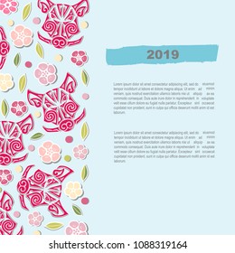 Vector illustration with Pig's or Boar's head and flowers. Template for party invitation, tattoo studio, greeting card, oriental concept, identity. Pig is symbol of 2019 Chinese New Year.