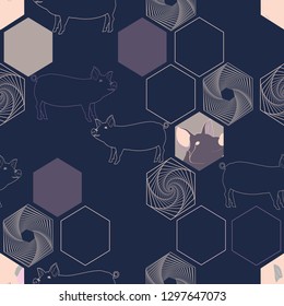 Vector illustration of pigs combined with hexagon elements. Seamless pattern design.