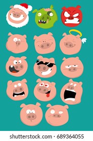 Vector illustration. A lot of pigs with emotions