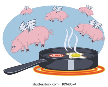 vector illustration of pigs flying over a pan