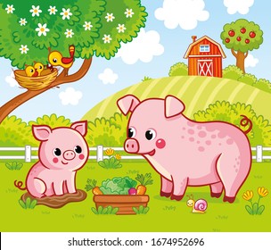 Vector illustration with pigs on a farm in cartoon style. Bright beautiful picture on the theme of agriculture with cute  mom and baby.