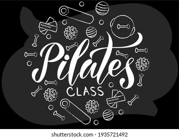 Vector illustration of Pilates Class text for logotype, t-shirt, banner, magazine, poster, decoration, postcard. Pilates Class doodle background. Pilates Class lettering. EPS 10.  