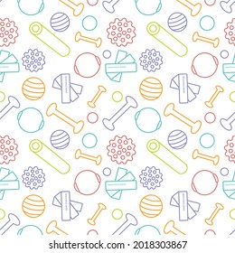 Vector illustration of Pilates objects seamless pattern for logotype, t-shirt, banner, magazine, poster, decoration, postcard. Pilates doodle background. EPS 10.  