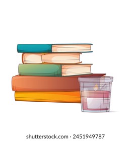 Vector illustration of pile of books with candle. Use for decoration of interior. Bookshop, book lover, library concept.