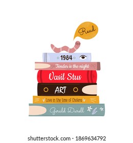 Vector illustration of a pile of books and funny bookworm in a flat style.