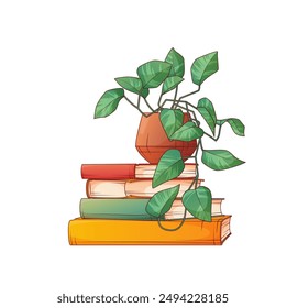 Ilustración vectorial de pila de libros con planta de casa. Planta de potos en maceta. Uso para la decoración del interior. Librería, amante de los libros, concepto de Biblioteca.