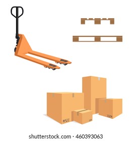 Vector illustration pile of cardboard boxes isolated on a white background. Pallet jack. Wooden pallet.