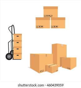 Vector Illustration Pile Of Cardboard Boxes. Three, Brown, Cardboard Boxes With Symbols Symbols Keep Dry, Fragile, No Sun, Sign Up. Hand Truck. Package Delivery Icon Set