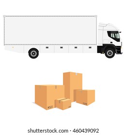 Vector illustration pile of cardboard boxes isolated on a white background. Cargo truck. Truck with container. Delivery transport