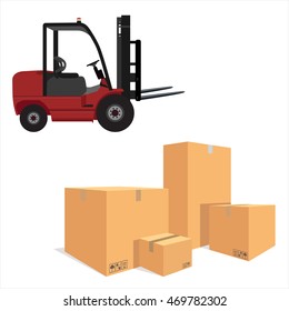 Vector illustration pile of cardboard boxes isolated on a white background. Loader car for carton box delivering. Delivery service icon