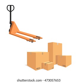 Vector illustration pile of cardboard boxes isolated on a white background. Pallet jack