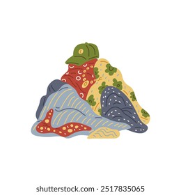 A vector illustration of a pile of clothes showing caps, hoodies and blouses. This highlights the environmental problems associated with overconsumption.