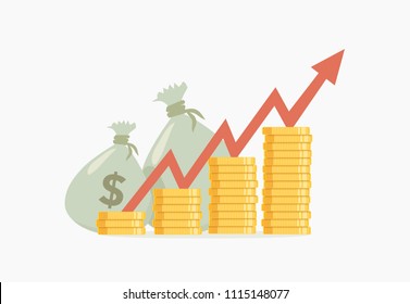 Vector illustration of pile coins and bags with money and growing arrow on transparent background, ready to use. Business concept.