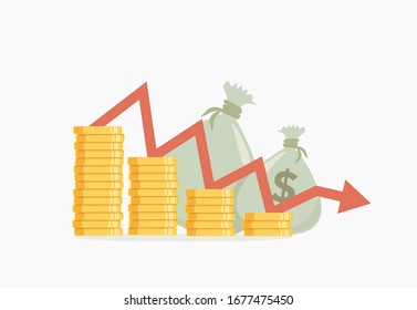 Vector illustration of pile coins and bags with money and falling arrow on transparent background, ready to use. Business fail, risk or recession concept.