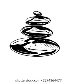 Ilustración vectorial de la pila de piedras sólidas cosméticas balanceando sobre fondo blanco. Borde negro de imagen relajante, dibujo gráfico. A la postal, impresión textil, afiche, pancarta, logotipo, etiqueta