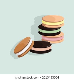 Vector illustration of pile creamy sandwich cookies. Chocolate cream cookies. Vanilla and strawberry cream cookies. Lemon and mint cream cookies.