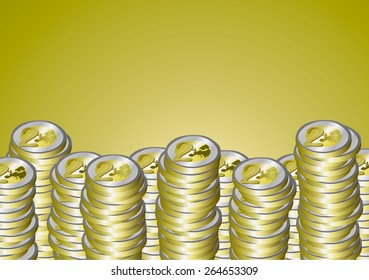 Vector illustration. Pile of euro coins on a gold background.