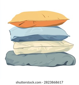 Vector illustration of a pile of four fluffy cushions in orange, blue, cream, and grey, stacked neatly on top of each other against a white background.