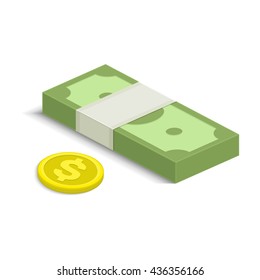 Vector illustration of pile of money. Single flock of cash and coin flat icon, American dollars pack, packet, parcel, batch, package. Modern design isolated on white background. Modern currency icons.