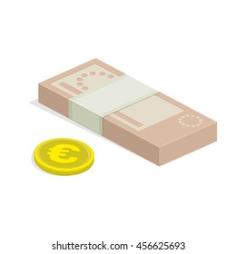 Vector illustration of pile of money. Single flock of cash and coin flat icon, Euro banknote pack, packet, parcel, batch, package. Modern design isolated on white background. Modern currency icons.