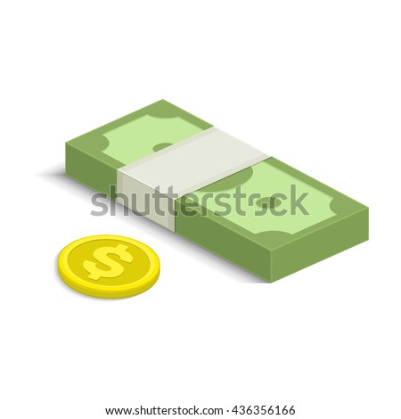 Vector illustration of pile of money. Single flock of cash and coin flat icon, American dollars pack, packet, parcel, batch, package. Modern design isolated on white background. Modern currency icons.
