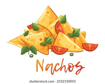 Ilustración vectorial de pila de nachos, snack mexicano clásico hecho con chips de tortilla crujientes, queso derretido y coberturas frescas. Nachos adornados con jugosas rodajas de tomate, vibrantes ramitas de cilantro