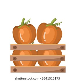 vector illustration of a pile of orange pumpkins in a wooden vegetable box