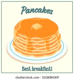 Vector illustration of a pile of pancakes. Baking with honey and butter on a plate. Breakfast concept.