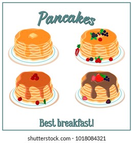Vector illustration of a pile of pancakes. Baking with honey, chocolate, berries on a plate. Breakfast concept.