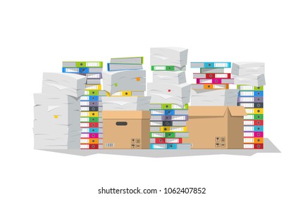 Vector illustration. Pile of paper documents and file folders on white background.