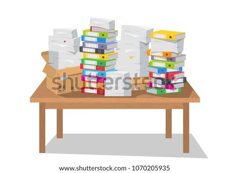 Vector illustration. Pile of paper documents and file folders on white background.
