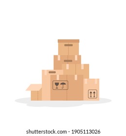 Vector illustration with pile of paper moving boxes isolated on white background.