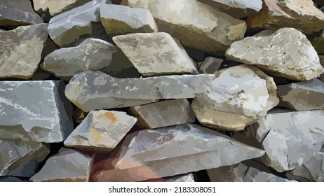 Vector illustration of pile of rough stones. Stone wall. A pile of large reeds replacing a fence. Property protection. The texture of a wall made of stone.