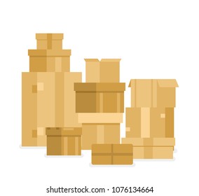 Vector illustration pile of stacked sealed goods cardboard boxes. Delivery containers brown color in flat style isolated on white background.