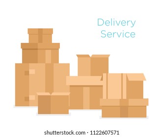 Vector illustration of pile of stacked sealed goods cardboard boxes. Delivery concept in flat cartoon style isolated on white background.