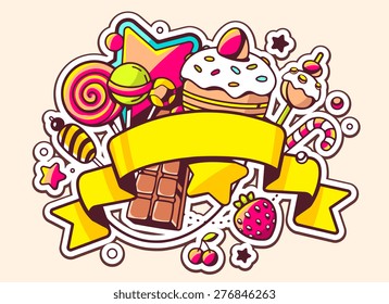 Vector illustration of pile of sweets and ribbon on light background. Hand draw line art design for web, site, advertising, banner, poster, board and print.  