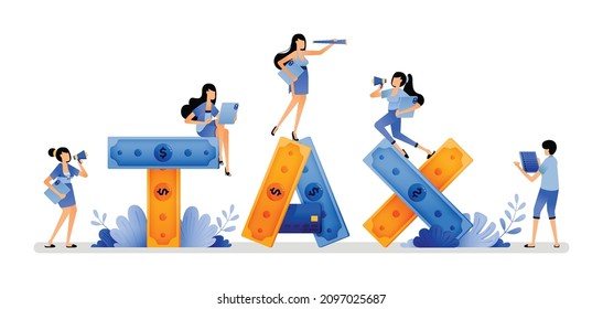 vector illustration of piles of money that make up the word TAX. people work for money and pay taxes from money they collect to government. Can use for web website apps poster banner flyer homepage
