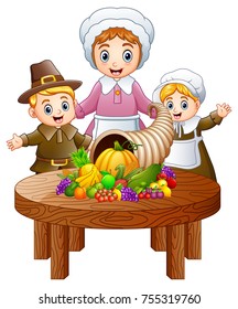 Vector illustration of Pilgrim family with cornucopia of fruits and vegetables on round wooden table