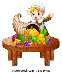 Vector illustration of Pilgrim girl with cornucopia of fruits and vegetables on round wooden table