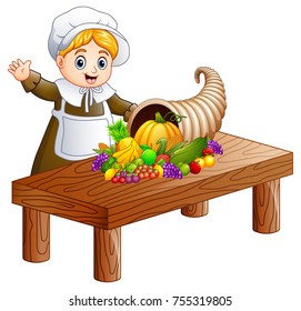 Vector illustration of Pilgrim girl with cornucopia of fruits and vegetables on wooden table