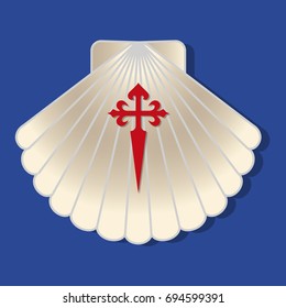 Vector illustration of a pilgrim scallop with santiago cross. Typical symbol of pilgrimage in camino de Santiago