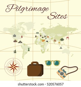 vector illustration for pilgrimage sites with different religious buildings symbols and temples on the world map in retro vintage style
