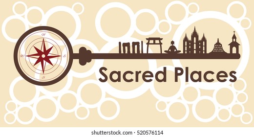 vector illustration for pilgrimage sites with different sacred buildings symbols and temples on the key shape in retro vintage style as concept for opening the world of religion
