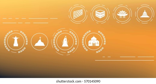 vector illustration for pilgrimage sites with different religious buildings symbols on abstract blurry background
