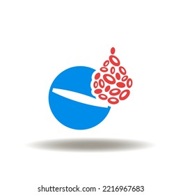Vector illustration of pill tablet and drop with erythrocytes and blood cells. Icon of erythrocyte and blood therapy. Symbol of blood treatment and cleansing.