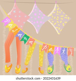 Vector Illustration With Pillows And Pajama Pants In Indoor Slippers With The Inscription Pajama Party In Bright Colors.