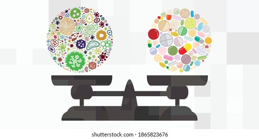vector illustration for pills and bacterias on the scale for medical treatment of illness